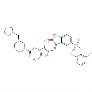 477576-42-4  Piperidine,1-[[5-[(Z)-[5-[[(2,6-dichlorophenyl)methyl]sulfonyl]-1,2-dihydro-2-oxo-3H-indol-3-ylidene]methyl]-2,4-dimethyl-1H-pyrrol-3-yl]acetyl]-3-(1-pyrrolidinylmethyl)-, (3S)-