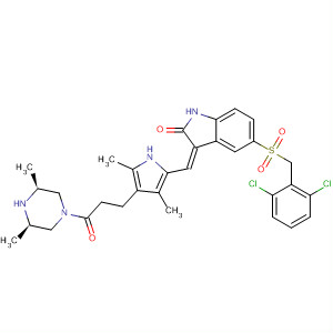 477577-37-0  Piperazine,1-[3-[5-[(Z)-[5-[[(2,6-dichlorophenyl)methyl]sulfonyl]-1,2-dihydro-2-oxo-3H-indol-3-ylidene]methyl]-2,4-dimethyl-1H-pyrrol-3-yl]-1-oxopropyl]-3,5-dimethyl-, (3R,5S)-