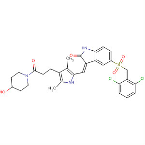 477577-45-0  4-Piperidinol,1-[3-[5-[(Z)-[5-[[(2,6-dichlorophenyl)methyl]sulfonyl]-1,2-dihydro-2-oxo-3H-indol-3-ylidene]methyl]-2,4-dimethyl-1H-pyrrol-3-yl]-1-oxopropyl]-