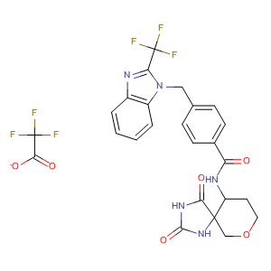 477581-99-0  Benzamide,N-(2,4-dioxo-7-oxa-1,3-diazaspiro[4.5]dec-10-yl)-4-[[2-(trifluoromethyl)-1H-benzimidazol-1-yl]methyl]-, mono(trifluoroacetate)