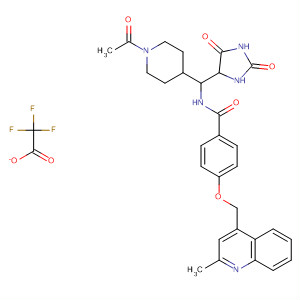 477583-37-2  Benzamide,N-[(1-acetyl-4-piperidinyl)(2,5-dioxo-4-imidazolidinyl)methyl]-4-[(2-methyl-4-quinolinyl)methoxy]-, mono(trifluoroacetate)