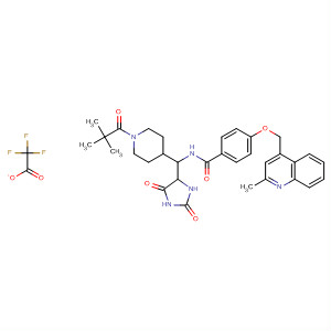 477583-43-0  Benzamide,N-[[1-(2,2-dimethyl-1-oxopropyl)-4-piperidinyl](2,5-dioxo-4-imidazolidinyl)methyl]-4-[(2-methyl-4-quinolinyl)methoxy]-, mono(trifluoroacetate)