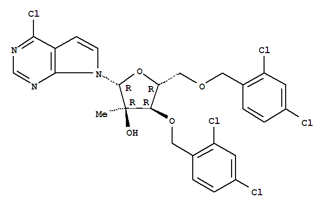 443642-32-8  7H-Pyrrolo[2,3-d]pyrimidine,7-[3,5-bis-O-[(2,4-dichlorophenyl)methyl]-2-C-methyl-b-D-ribofuranosyl]-4-chloro-