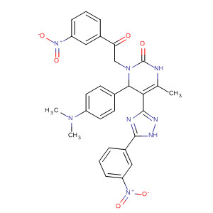 593283-56-8  2(1H)-Pyrimidinone,6-[4-(dimethylamino)phenyl]-3,6-dihydro-4-methyl-1-[2-(3-nitrophenyl)-2-oxoethyl]-5-[5-(3-nitrophenyl)-1H-1,2,4-triazol-3-yl]-