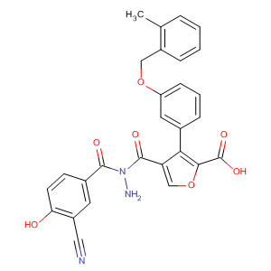 576170-62-2  2-Furancarboxylic acid, 3-[3-[(2-methylphenyl)methoxy]phenyl]-,2-(3-cyano-4-hydroxybenzoyl)hydrazide