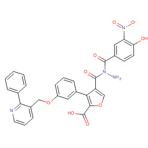 576170-93-9  2-Furancarboxylic acid, 3-[3-[(2-phenyl-3-pyridinyl)methoxy]phenyl]-,2-(4-hydroxy-3-nitrobenzoyl)hydrazide