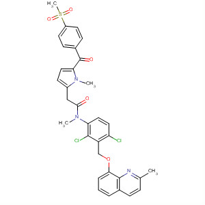 554421-93-1  1H-Pyrrole-2-acetamide,N-[2,4-dichloro-3-[[(2-methyl-8-quinolinyl)oxy]methyl]phenyl]-N,1-dimethyl-5-[4-(methylsulfonyl)benzoyl]-