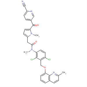 554422-04-7  1H-Pyrrole-2-acetamide,5-[(6-cyano-3-pyridinyl)carbonyl]-N-[2,4-dichloro-3-[[(2-methyl-8-quinolinyl)oxy]methyl]phenyl]-N,1-dimethyl-