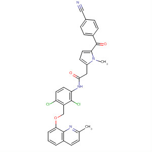 554422-06-9  1H-Pyrrole-2-acetamide,5-(4-cyanobenzoyl)-N-[2,4-dichloro-3-[[(2-methyl-8-quinolinyl)oxy]methyl]phenyl]-1-methyl-