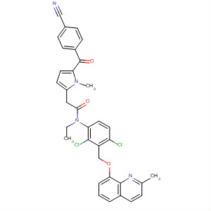554422-07-0  1H-Pyrrole-2-acetamide,5-(4-cyanobenzoyl)-N-[2,4-dichloro-3-[[(2-methyl-8-quinolinyl)oxy]methyl]phenyl]-N-ethyl-1-methyl-