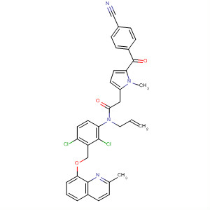 554422-09-2  1H-Pyrrole-2-acetamide,5-(4-cyanobenzoyl)-N-[2,4-dichloro-3-[[(2-methyl-8-quinolinyl)oxy]methyl]phenyl]-1-methyl-N-2-propenyl-