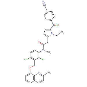 554422-10-5  1H-Pyrrole-2-acetamide,5-(4-cyanobenzoyl)-N-[2,4-dichloro-3-[[(2-methyl-8-quinolinyl)oxy]methyl]phenyl]-1-ethyl-N-methyl-