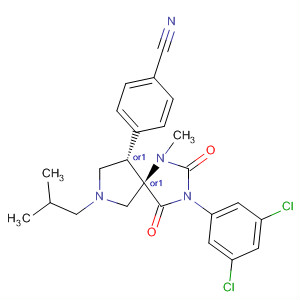 509081-09-8  Benzonitrile,4-[(5R,9S)-3-(3,5-dichlorophenyl)-1-methyl-7-(2-methylpropyl)-2,4-dioxo-1,3,7-triazaspiro[4.4]non-9-yl]-, rel-