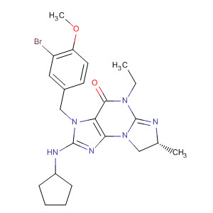 501430-04-2  3H-Imidazo[2,1-b]purin-4(5H)-one,3-[(3-bromo-4-methoxyphenyl)methyl]-2-(cyclopentylamino)-5-ethyl-7,8-dihydro-7-methyl-, (7R)-