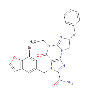 501430-14-4  3H-Imidazo[2,1-b]purine-2-carboxamide,3-[(7-bromo-5-benzofuranyl)methyl]-5-ethyl-4,5,7,8-tetrahydro-4-oxo-7-(phenylmethyl)-, (7R)-