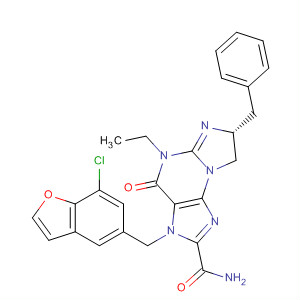 501430-15-5  3H-Imidazo[2,1-b]purine-2-carboxamide,3-[(7-chloro-5-benzofuranyl)methyl]-5-ethyl-4,5,7,8-tetrahydro-4-oxo-7-(phenylmethyl)-, (7R)-