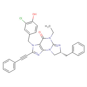 501430-26-8  3H-Imidazo[2,1-b]purin-4(5H)-one,3-[(3-chloro-4-hydroxyphenyl)methyl]-5-ethyl-7,8-dihydro-2-(phenylethynyl)-7-(phenylmethyl)-, (7R)-