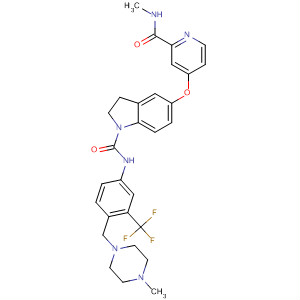 694498-13-0  1H-Indole-1-carboxamide,2,3-dihydro-5-[[2-[(methylamino)carbonyl]-4-pyridinyl]oxy]-N-[4-[(4-methyl-1-piperazinyl)methyl]-3-(trifluoromethyl)phenyl]-