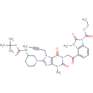 668273-96-9  1H-Benzimidazole-1-carboxylic acid,4-[[7-(2-butynyl)-8-[3-[[(1,1-dimethylethoxy)carbonyl]amino]-1-piperidinyl]-2,3,6,7-tetrahydro-3-methyl-2,6-dioxo-1H-purin-1-yl]acetyl]-2,3-dihydro-3-methyl-2-oxo-, ethyl ester