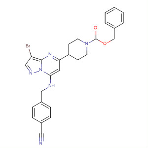 672317-26-9  1-Piperidinecarboxylic acid,4-[3-bromo-7-[[(4-cyanophenyl)methyl]amino]pyrazolo[1,5-a]pyrimidin-5-yl]-, phenylmethyl ester