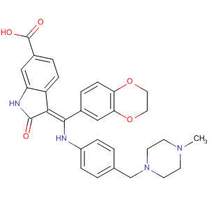 674771-69-8  1H-Indole-6-carboxylic acid,3-[(2,3-dihydro-1,4-benzodioxin-6-yl)[[4-[(4-methyl-1-piperazinyl)methyl]phenyl]amino]methylene]-2,3-dihydro-2-oxo-, (3Z)-