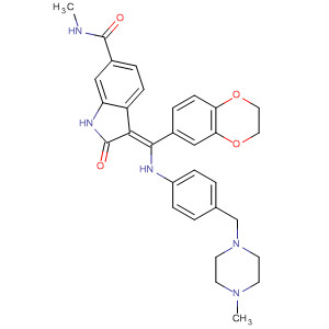 674771-70-1  1H-Indole-6-carboxamide,3-[(2,3-dihydro-1,4-benzodioxin-6-yl)[[4-[(4-methyl-1-piperazinyl)methyl]phenyl]amino]methylene]-2,3-dihydro-N-methyl-2-oxo-, (3Z)-