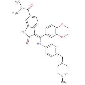 674771-71-2  1H-Indole-6-carboxamide,3-[(2,3-dihydro-1,4-benzodioxin-6-yl)[[4-[(4-methyl-1-piperazinyl)methyl]phenyl]amino]methylene]-2,3-dihydro-N,N-dimethyl-2-oxo-, (3Z)-