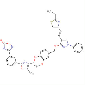 675147-38-3  1,2,4-Oxadiazol-5(2H)-one,3-[3-[4-[[4-[[[4-[(1E)-2-(2-ethyl-4-thiazolyl)ethenyl]-1-phenyl-1H-pyrazol-3-yl]oxy]methyl]-2-methoxyphenoxy]methyl]-5-methyl-2-oxazolyl]phenyl]-