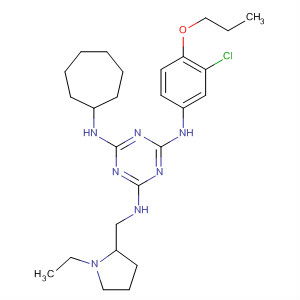 676356-32-4  1,3,5-Triazine-2,4,6-triamine,N-(3-chloro-4-propoxyphenyl)-N'-cycloheptyl-N''-[(1-ethyl-2-pyrrolidinyl)methyl]-