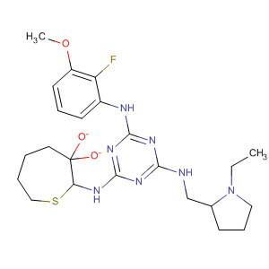 676357-18-9  1,3,5-Triazine-2,4,6-triamine,N-(1,1-dioxido-3-thiepanyl)-N'-[(1-ethyl-2-pyrrolidinyl)methyl]-N''-(3-fluoro-4-methoxyphenyl)-