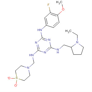 676358-60-4  1,3,5-Triazine-2,4,6-triamine,N-[(1,1-dioxido-4-thiomorpholinyl)methyl]-N'-[(1-ethyl-2-pyrrolidinyl)methyl]-N''-(3-fluoro-4-methoxyphenyl)-