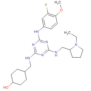 676358-79-5  Cyclohexanol,4-[[[4-[[(1-ethyl-2-pyrrolidinyl)methyl]amino]-6-[(3-fluoro-4-methoxyphenyl)amino]-1,3,5-triazin-2-yl]amino]methyl]-