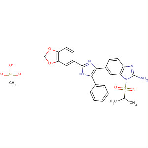 660432-93-9  1H-Benzimidazol-2-amine,6-[2-(1,3-benzodioxol-5-yl)-5-phenyl-1H-imidazol-4-yl]-1-[(1-methylethyl)sulfonyl]-, monomethanesulfonate