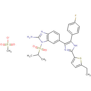 660432-95-1  1H-Benzimidazol-2-amine,6-[2-(5-ethyl-2-thienyl)-5-(4-fluorophenyl)-1H-imidazol-4-yl]-1-[(1-methylethyl)sulfonyl]-, monomethanesulfonate