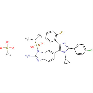 660435-47-2  1H-Benzimidazol-2-amine,6-[2-(4-chlorophenyl)-1-cyclopropyl-4-(2-fluorophenyl)-1H-imidazol-5-yl]-1-[(1-methylethyl)sulfonyl]-, monomethanesulfonate