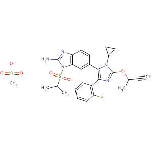 660435-52-9  1H-Benzimidazol-2-amine,6-[2-(3-butynyloxy)-1-cyclopropyl-4-(2-fluorophenyl)-1H-imidazol-5-yl]-1-[(1-methylethyl)sulfonyl]-, monomethanesulfonate