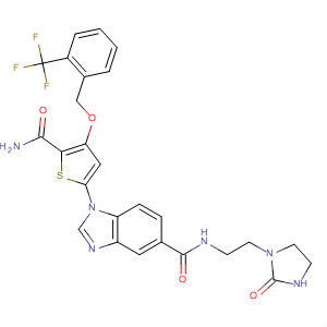 660869-93-2  1H-Benzimidazole-5-carboxamide,1-[5-(aminocarbonyl)-4-[[2-(trifluoromethyl)phenyl]methoxy]-2-thienyl]-N-[2-(2-oxo-1-imidazolidinyl)ethyl]-
