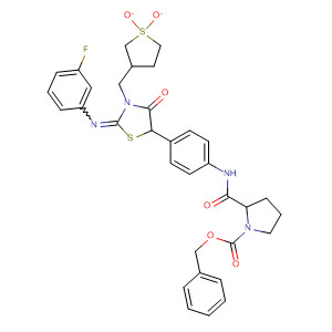 657412-85-6  1-Pyrrolidinecarboxylic acid,2-[[[4-[2-[(3-fluorophenyl)imino]-4-oxo-3-[(tetrahydro-1,1-dioxido-3-thienyl)methyl]-5-thiazolidinyl]phenyl]amino]carbonyl]-, phenylmethyl ester,(2S)-