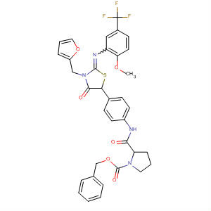 657413-18-8  1-Pyrrolidinecarboxylic acid,2-[[[4-[3-(2-furanylmethyl)-2-[[2-methoxy-5-(trifluoromethyl)phenyl]imino]-4-oxo-5-thiazolidinyl]phenyl]amino]carbonyl]-, phenylmethyl ester, (2S)-
