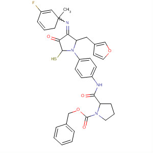 657413-28-0  1-Pyrrolidinecarboxylic acid,2-[[[4-[2-[(4-fluoro-2-methylphenyl)imino]-3-(2-furanylmethyl)-4-oxo-5-thiazolidinyl]phenyl]amino]carbonyl]-, phenylmethyl ester, (2S)-