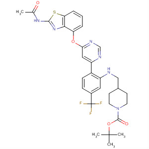 659731-69-8  1-Piperidinecarboxylic acid,4-[[[2-[6-[[2-(acetylamino)-4-benzothiazolyl]oxy]-4-pyrimidinyl]-5-(trifluoromethyl)phenyl]amino]methyl]-, 1,1-dimethylethyl ester
