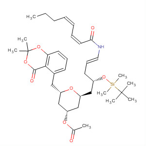 659739-14-7  2,4-Octadienamide,N-[(1E,4S)-5-[(2R,4R,6S)-4-(acetyloxy)-6-[(2,2-dimethyl-4-oxo-4H-1,3-benzodioxin-5-yl)methyl]tetrahydro-2H-pyran-2-yl]-4-[[(1,1-dimethylethyl)dimethylsilyl]oxy]-1-pentenyl]-, (2Z,4Z)-