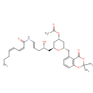 659739-15-8  2,4-Octadienamide,N-[(1E,4S)-5-[(2S,4R,6S)-4-(acetyloxy)-6-[(2,2-dimethyl-4-oxo-4H-1,3-benzodioxin-5-yl)methyl]tetrahydro-2H-pyran-2-yl]-4-hydroxy-1-pentenyl]-, (2Z,4Z)-