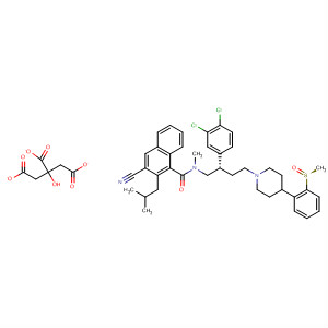 660404-65-9  1-Naphthalenecarboxamide,3-cyano-N-[(2S)-2-(3,4-dichlorophenyl)-4-[4-[2-[(S)-methylsulfinyl]phenyl]-1-piperidinyl]butyl]-N-methyl-2-(2-methylpropyl)-,2-hydroxy-1,2,3-propanetricarboxylate (1:1)