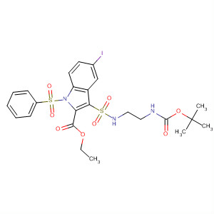 660413-34-3  1H-Indole-2-carboxylic acid,3-[[[2-[[(1,1-dimethylethoxy)carbonyl]amino]ethyl]amino]sulfonyl]-5-iodo-1-(phenylsulfonyl)-, ethyl ester