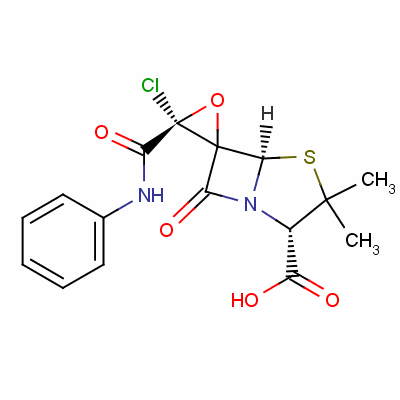 115937-29-6  3-chloro-3',3'-dimethyl-7'-oxo-3-((phenylamino)carbonyl)spiro(oxirane-2,6'-(4)thia(1)azabicyclo(3.2.)heptane)-2'-carboxylic acid