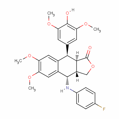 138355-97-2  Naphtho[2,3-c]furan-1(3H)-one, 4-[(4-fluorophenyl)amino]-3a,4,9,9a-tet rahydro-9-(4-hydroxy-3,5-dimethoxyphenyl)-6,7-dimethoxy-, [3aS-(3a.alp ha.,4.beta.,9.alpha.,9a.beta.)]-