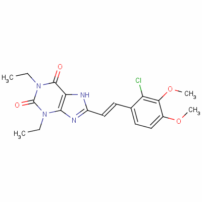 155271-42-4  1H-Purine-2,6-dione, 3,7-dihydro-8-(2-(2-chloro-3,4-dimethoxyphenyl)et henyl)-1,3-diethyl-, (E)-