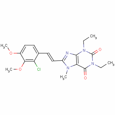 155271-43-5  1H-Purine-2,6-dione, 3,7-dihydro-8-(2-(2-chloro-3,4-dimethoxyphenyl)et henyl)-1,3-diethyl-7-methyl-, (E)-