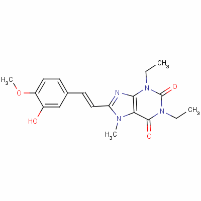 155272-04-1  1H-Purine-2,6-dione, 3,7-dihydro-1,3-diethyl-8-(2-(3-hydroxy-4-methoxy phenyl)ethenyl)-7-methyl-, (E)-
